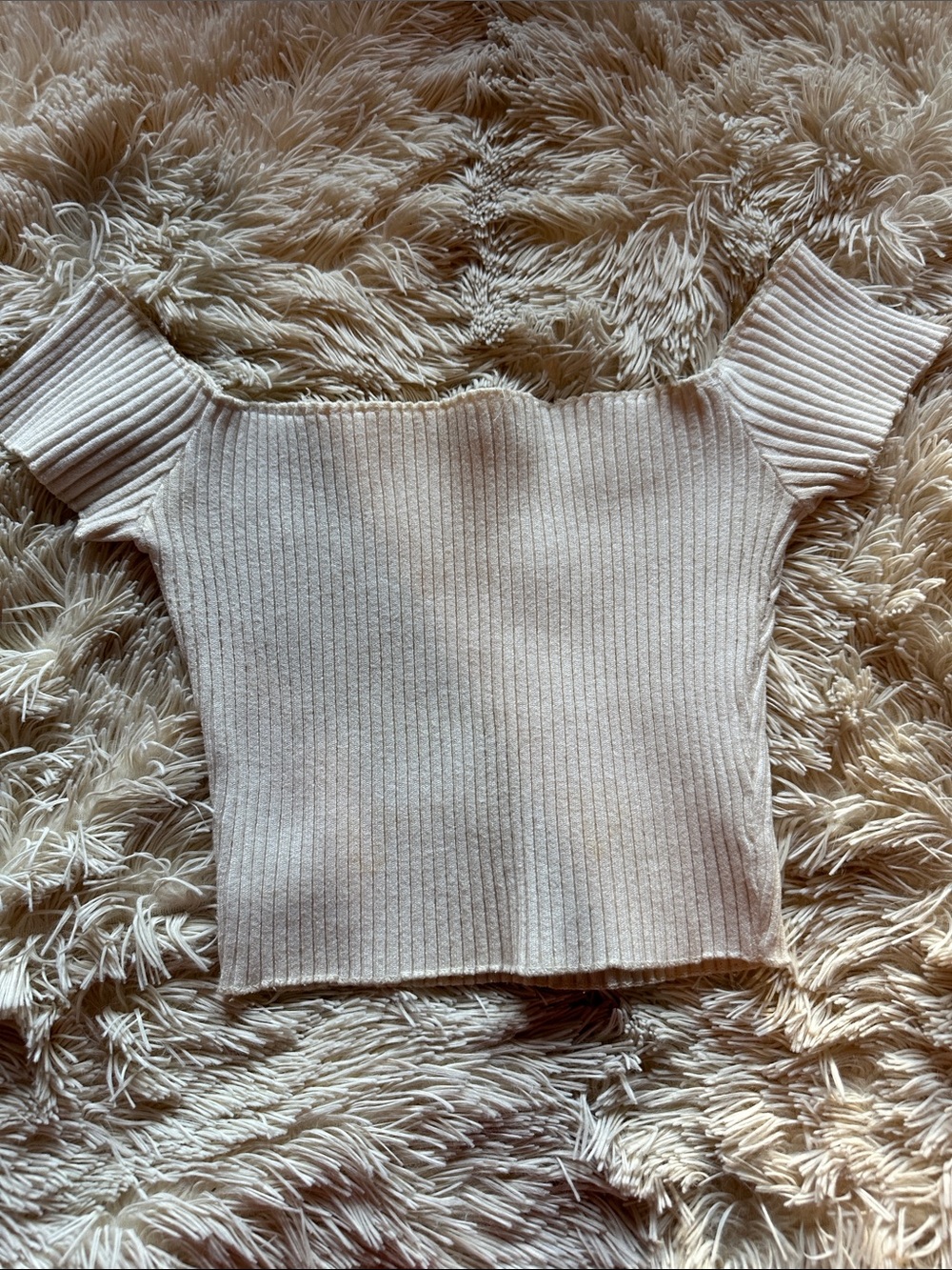 Miss Lola Off-Shoulder Ribbed Knit Top in Beige